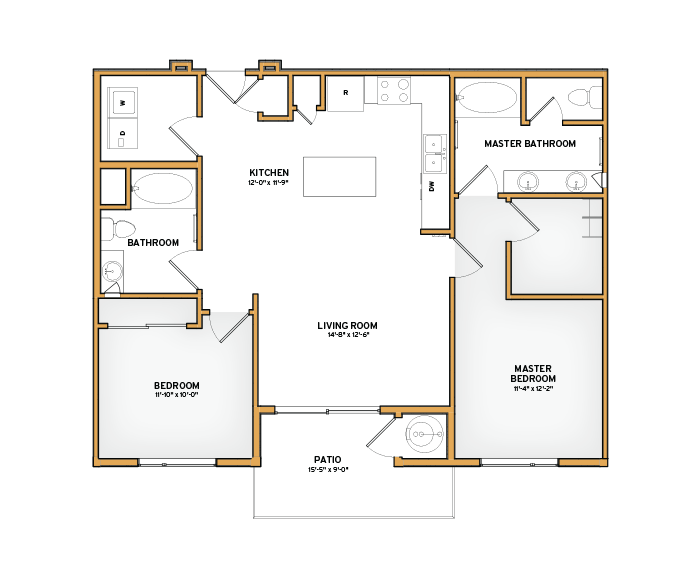 Floor plan for 2 beds, 2 baths, 1050 sqft